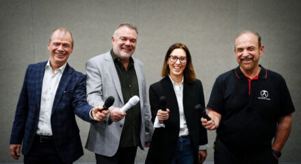 from left to right Kalle Hvidt Nielsen, DPA Microphones CEO James Gordon, Audiotonix CEO Marika Stangherlin, Wisycom CSO (Chief Sales Officer) Martin Seidl, Austrian Audio CEO